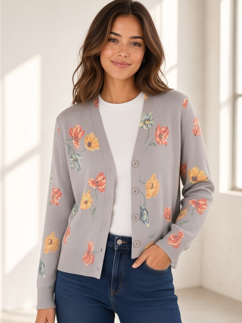 Sioni Floral Jacquard Cardigan Sweater Light Taupe Multicolor M